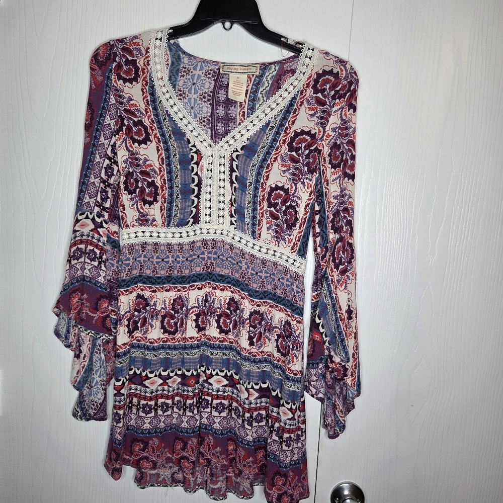 Flying Tomato Boho Crochet Lace Bell Sleeve Tunic Dress Size M Festival